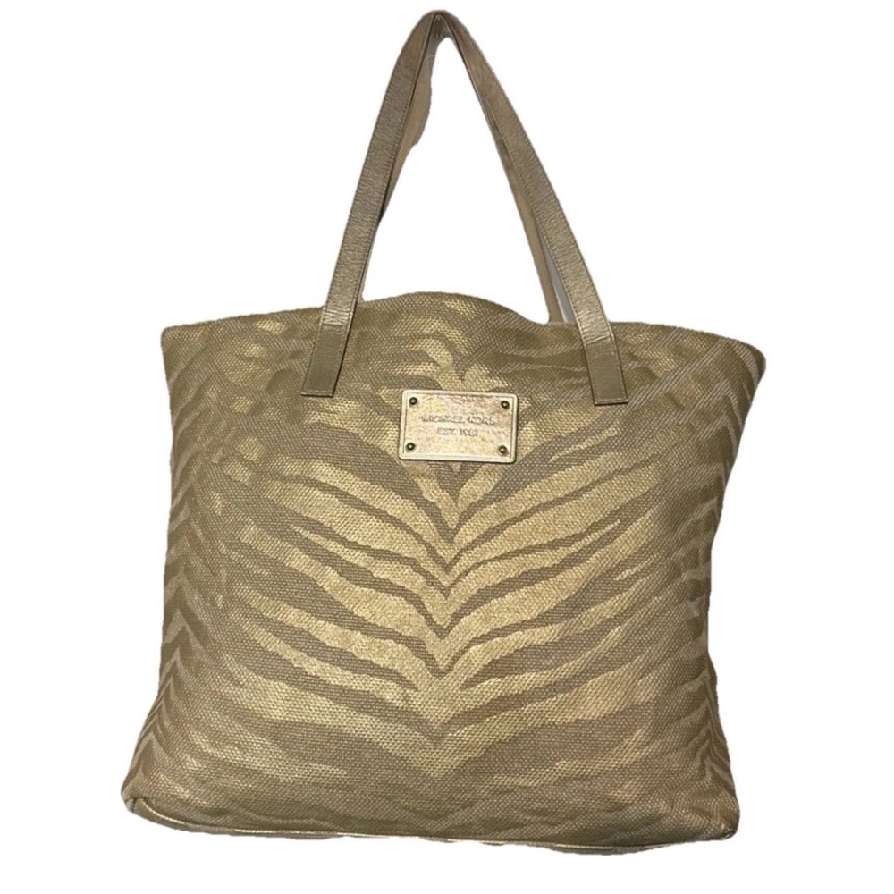 Michael Kors Cotton Zebra Print Tote 17” Gold Silver Striped Everyday Bag